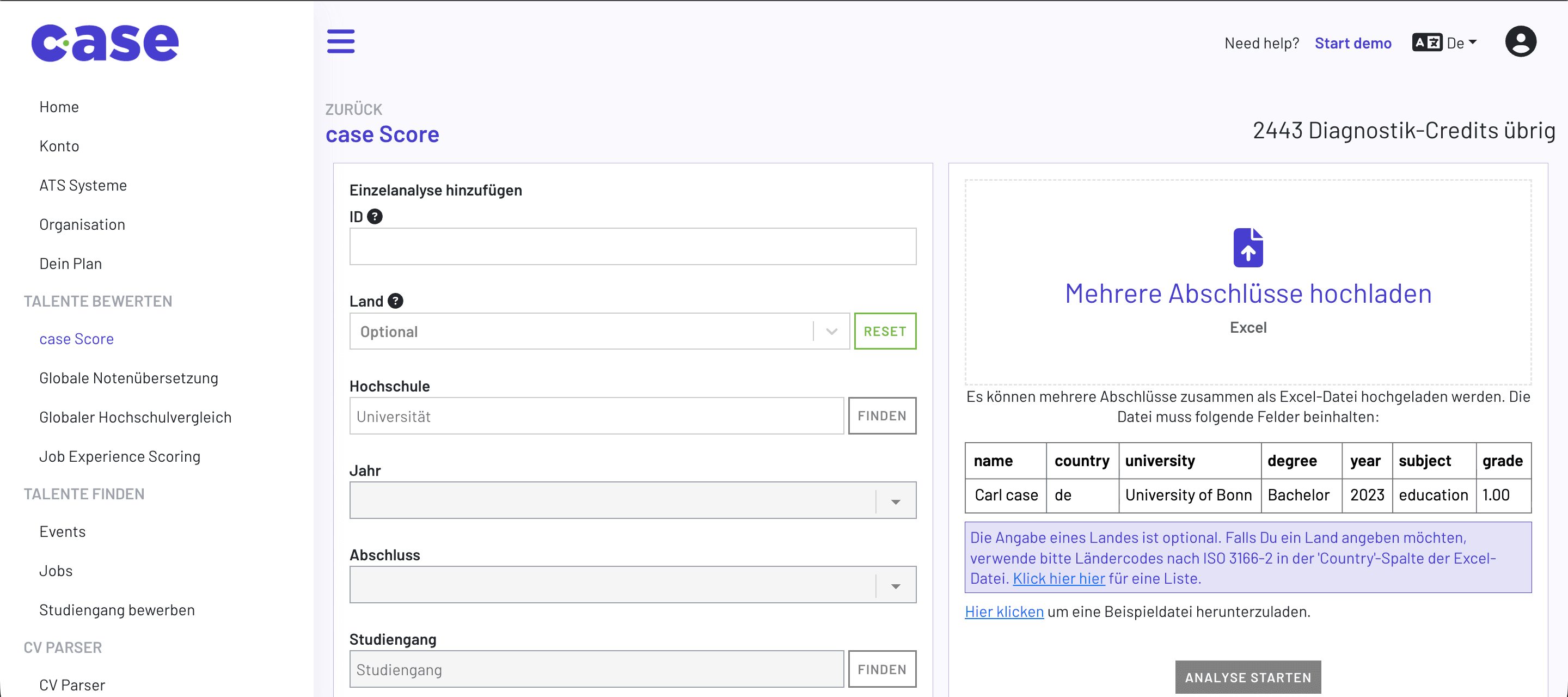 case Plattform mit Upload-Ansicht für mehrere Abschlüsse